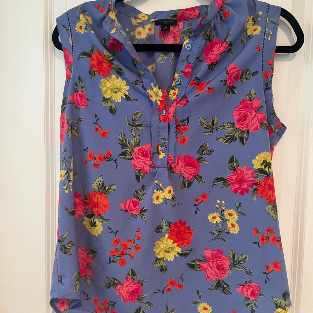 Ann Taylor Blue Mandarin Collar Blouse With Red Accents